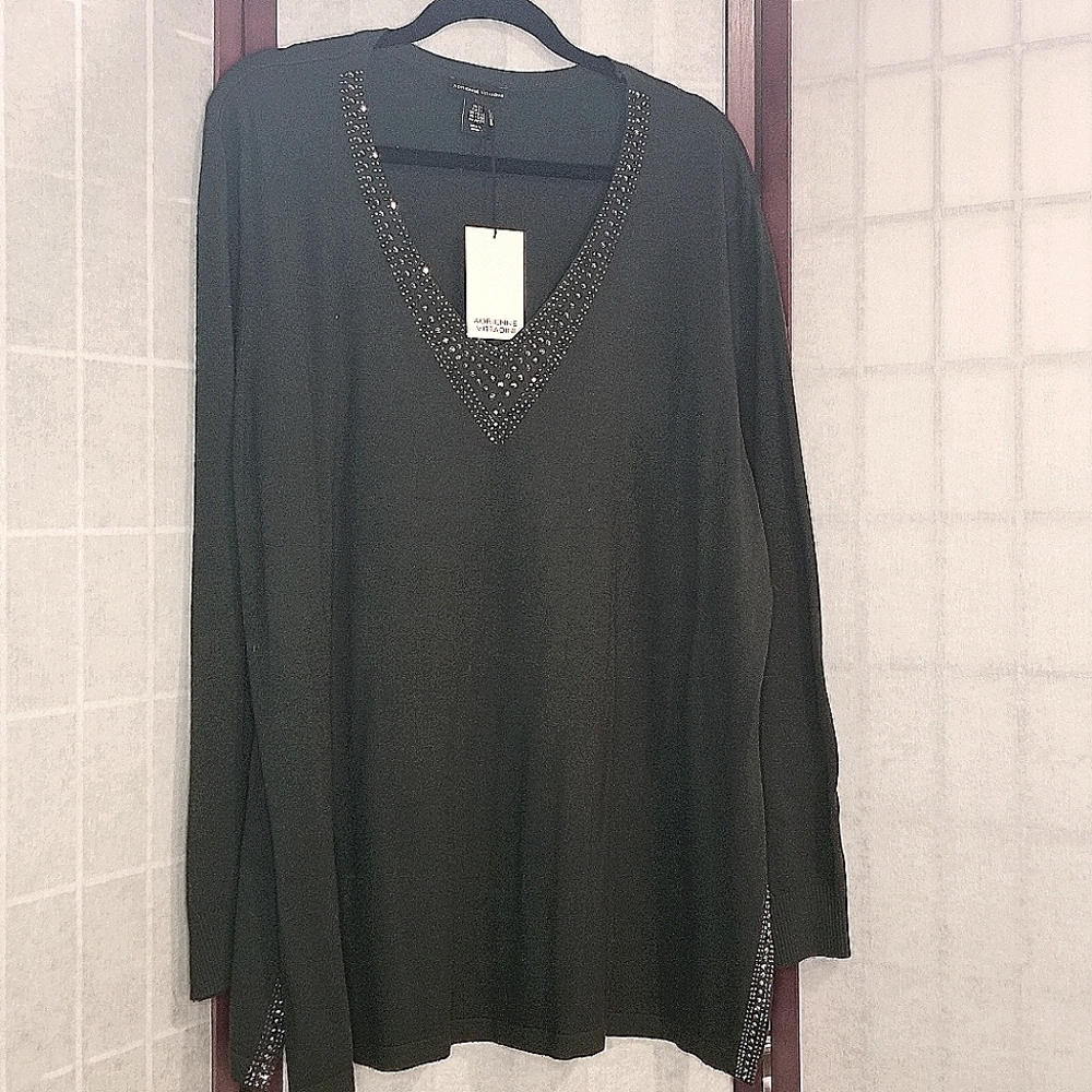 Dark Green V-Neck Embellished Sweater